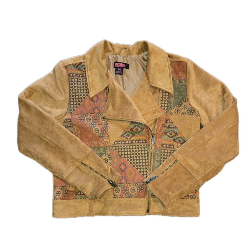 Rock & Roll Denim Southwestern Aztec Patchwork Faux Suede Moto Jacket Women’s M